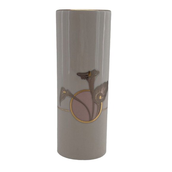 Vintage Calla Lily Otagiri Oval Vase 24 Gold Trim on White and Pink Art Deco - Picture 1 of 11